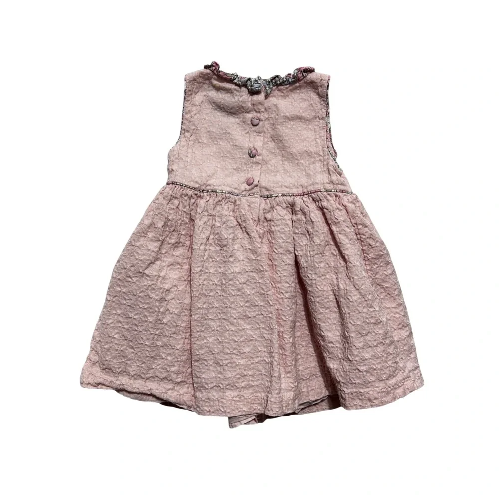 Cynthia Rowley Girls Seersucker Dress 18M Pink Floral Trim Babydoll Cottagecore‎